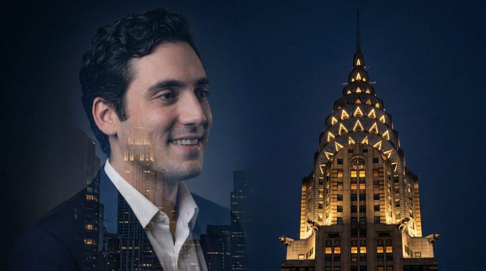 Kyle White beside the lit spire of the Chrysler Building at night